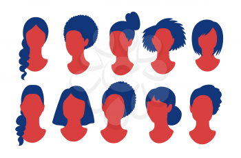 Female anonymous profile pictures avatars vector illustration set in red and blue colors isolated on white background.