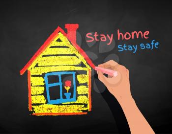 Stay Home concept vector illustration. Chalked child drawing of house isolated on blackboard background.