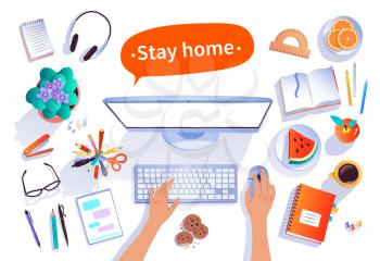 Stay home concept. Vector top view illustration of workplace with objects isolated on white background.