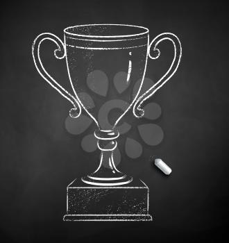 Vector black and white chalk drawn illustration of award cup on black chalkboard background.