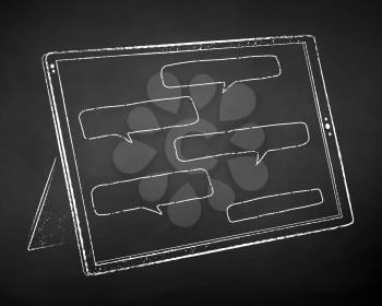 Vector black and white chalk drawn illustration of digital tablet with chat speech bubbles on black chalkboard background.