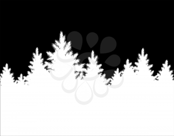 Vector illustration of evening winter Christmas landscape with spruce forest silhouette in black and white colors.