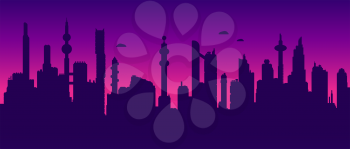 Seamless horizontal vector background of cyberpunk futuristic sunset cityscape silhouette in neon purple and pink colors.