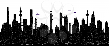 Seamless horizontal vector black and white background of cyberpunk futuristic cityscape silhouette with night lights.