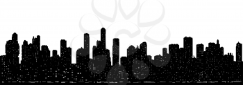 Seamless horizontal vector black and white background of modern cityscape silhouette with night lights.