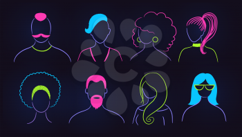 Vector illustration set of neon profile pictures faceless avatars in blue and pink colors on dark background.