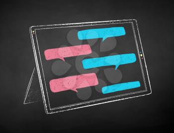 Vector color chalk drawn illustration of digital tablet with chat speech bubbles on black chalkboard background.