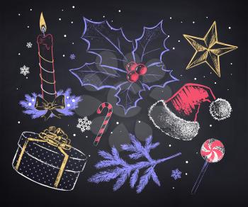 Vector chalked set of Christmas objects in retro vintage style on blackboard background.