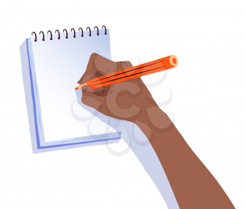 Vector isolated top view illustration of african american hand writing in notebook with pencil.