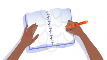 Vector isolated top view illustration of african american hands writing in notebook with pencil.