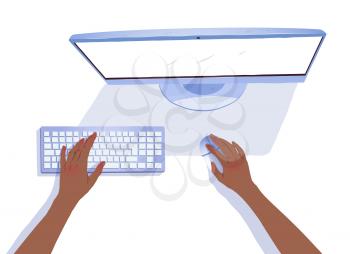 Vector isolated top view illustration of african american hands working with desktop computer.