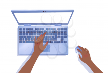 Vector isolated top view illustration of african american hands working with laptop.