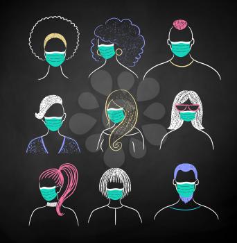 Vector chalk illustration collection of new normal user icons people wearing face masks on black chalkboard background.