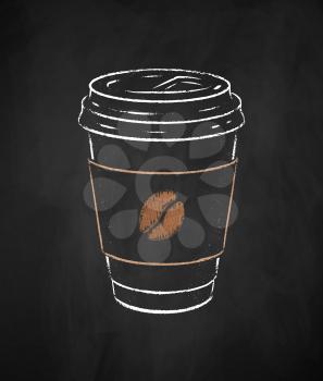 Disposable takeaway paper coffee cup isolated on black chalkboard background. Vector chalk drawn sideview grunge illustration.