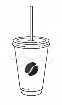 Vector minimalistic line art illustration of disposable paper coffee cup with straw isolated on white background.
