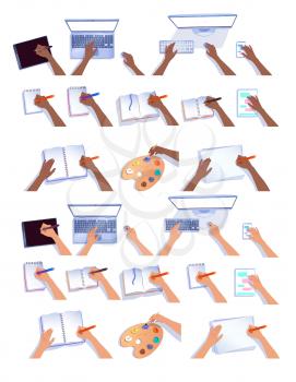 Vector collection of hands with computers, notebooks and paint palette isolated on white background.