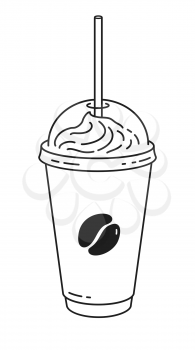 Vector minimalistic line art illustration of disposable coffee cup isolated on white background.