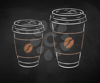 Disposable takeaway paper coffee cup isolated on black chalkboard background. Vector chalk drawn sideview grunge illustration.