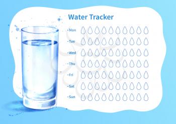 Vector template of water tracker with watercolor illustration of glass of water.
