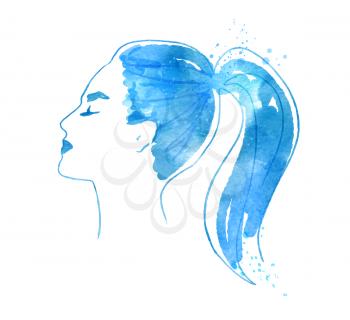 Watercolor vector illustration of side view female face with pony tale hairstyle. Artistic sketchy drawing with  paint smudges and splashes.
