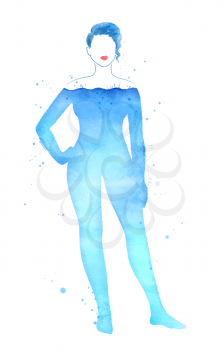 Watercolor vector illustration of hydration concept. Female silhouette filled with water. Hand drawn with paint smudges and splashes.