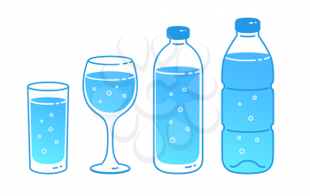 Vector illustration set of bottles and glasses of carbonated water. Minimalistic icon isolated on white background.