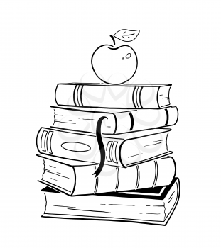 Vector line art illustration of apple on books. Education symbol isolated of white background.