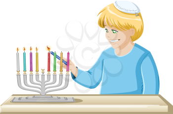 Royalty Free Clipart Image of a Jewish Boy Lighting the Menorah