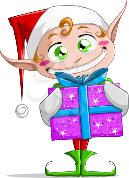 Royalty Free Clipart Image of an Elf Holding a Present