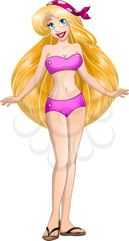 Vector illustration of a blond woman in pink swimsuit and sandals.
