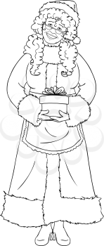 Vector illustration coloring page of Mrs Claus holding a present for Christmas and smiling.