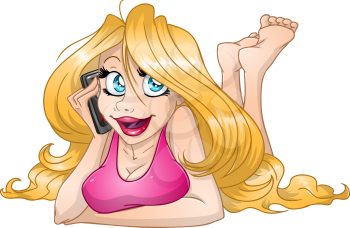 Vector illustration of a blond girl laying on her belly and talking on the phone.