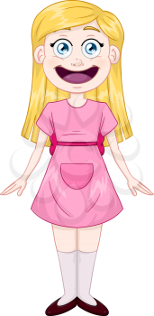 Vector illustration of a cute blond girl in pink dress.
