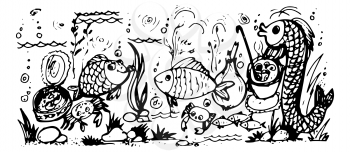 hand drawn, cartoon, sketch illustration of fish and fish dishes