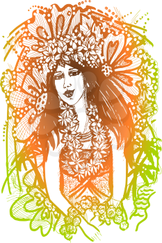 hand drawn, sketch, cartoon illustration of Tahiti girl