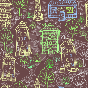 Vector graphic, artistic, stylized image of seamless pattern town house
