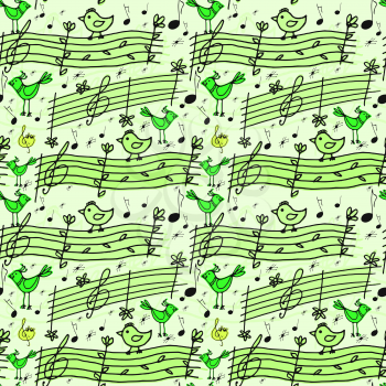 Vector graphic, artistic, stylized image of seamless pattern with musical notes and birdsong