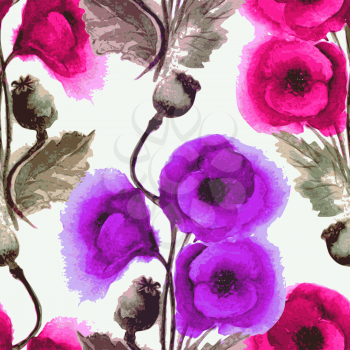Vector graphic, artistic, stylized image of seamless pattern watercolor poppies