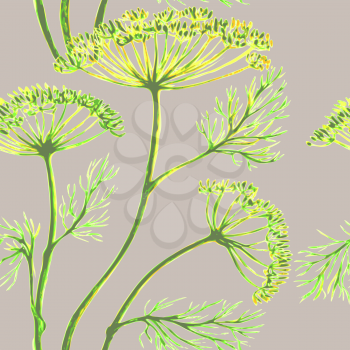 Vector graphic, artistic, stylized image of seamless pattern watercolor sprigs of greenery, Dill, Fennel