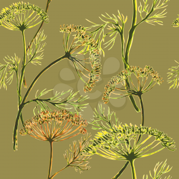 Vector graphic, artistic, stylized image of seamless pattern watercolor sprigs of greenery, Dill, Fennel