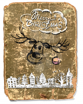 Vector graphic, artistic, stylized image of Vintage Hand Drawn congratulation Christmas Greeting Card on old paper with the image of a deer and a winter city