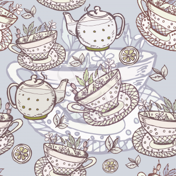 Vector graphic, artistic, stylized image of seamless pattern  with cup of tea, coffee