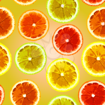 Bright seamless vector pattern with the image slices of lemon, lime, orange. Can be used to design fabrics, wallpaper, wrapping paper.