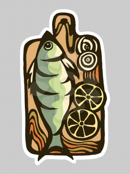 Vector drawing of a kitchen board with a fish. logo for the fish menu restaurant.

