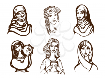 set of vector images of girls - Ukrainian, Indian, Arab, Italian.