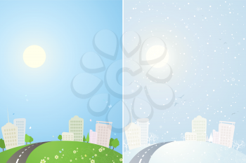 The same city in summer and in winter time. There is place in the sky for your text.