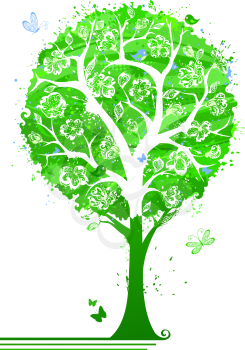 Hand-drawn tree with flowers, leaves, butterflies, birds and grunge green background. Isolated on a white background.
