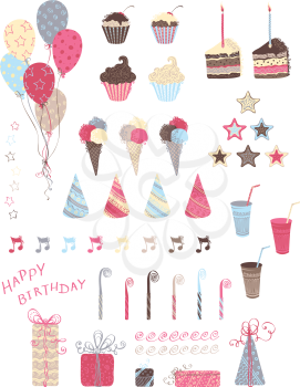 Ornate hand-drawn birthday objects for your design.