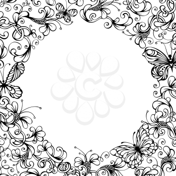 Black ornate flowers and butterflies on white background. There is place for your text in the center.