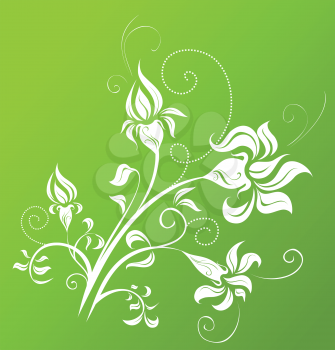 Green background with white ornate flowers.